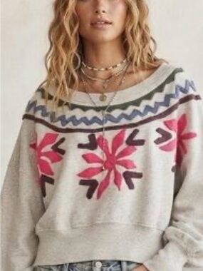 Free people Women's Cream Pullover Sweater with Pink Floral Fair Isle Gold tag!